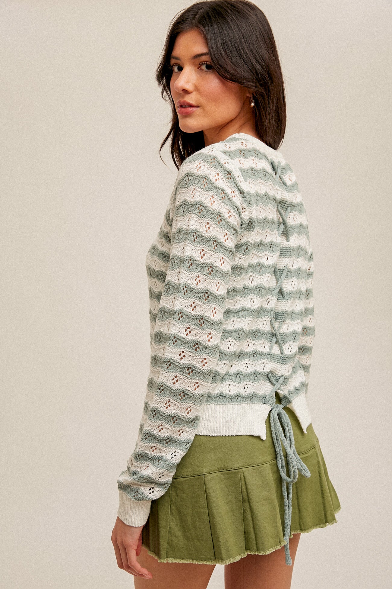 Laced Back Striped Pointelle Sweater Top Seafoam