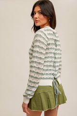 Laced Back Striped Pointelle Sweater Top Seafoam