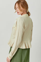 Washed Waffle Knit Ruffle Hem Cropped Jacket Almond