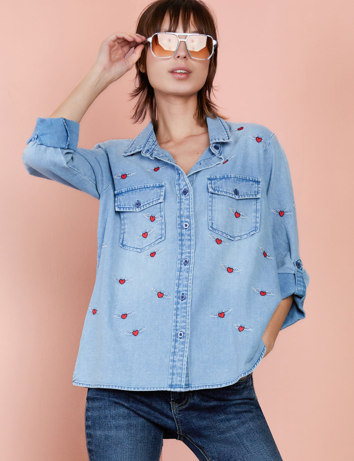 Embroidered Heart Wings Button Down Denim