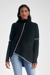 Asymmetric Whip Stitch Turtleneck Sweater Black