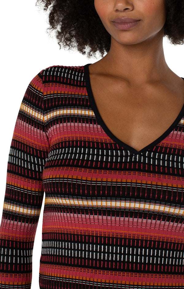 3/4 Sleeve Vneck Contrast Knit Top Multi Cranberry Stripe
