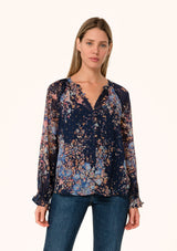 Lurex Floral Button Front Ruffle Sleeve Blouse Navy + Dusty Blue