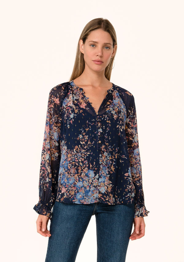 Lurex Floral Button Front Ruffle Sleeve Blouse