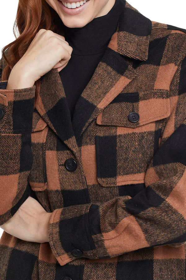 Notch Collar Plaid Long Shacket Sepia