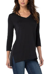 Side Slit Vneck 3/4 Sleeve Top Black