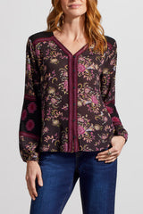 Embroidered Details Buttoned Floral Blouse Black