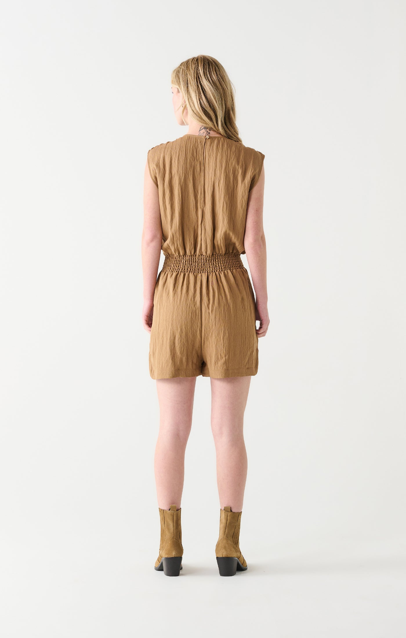 Smocked Detail Wrap Romper Dark Tan