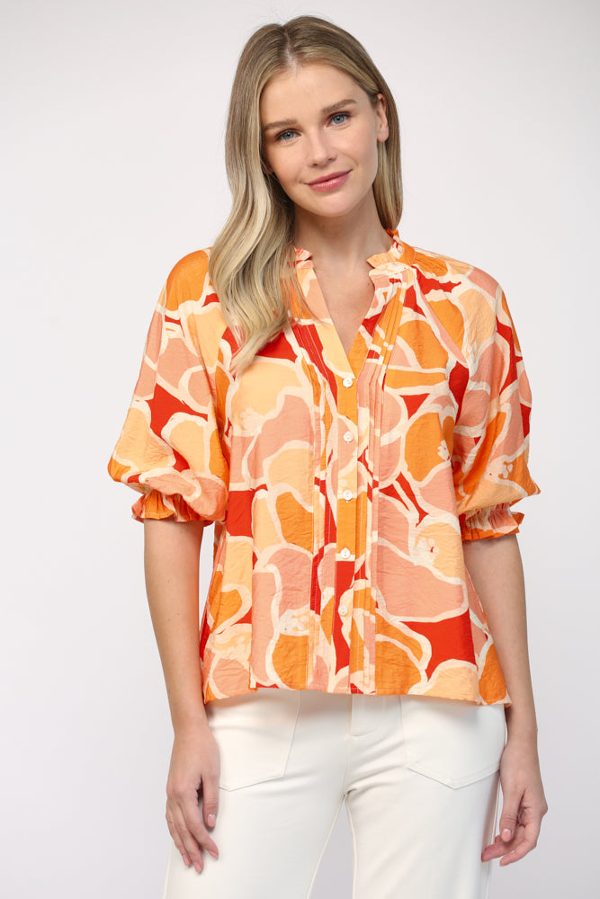Abstract Pleated Pintuck Detail Blouse Orange