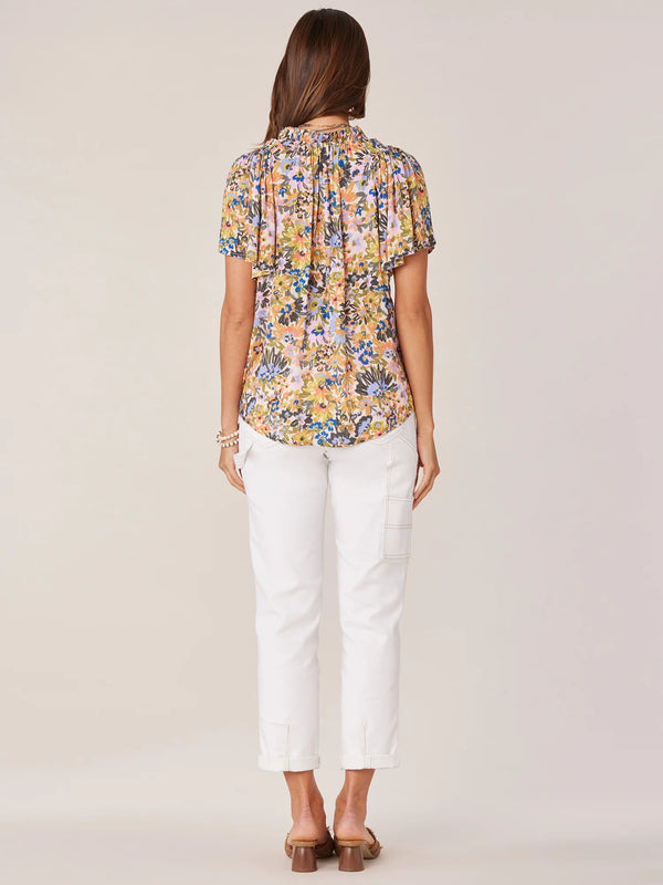 Flutter Sleeve Ruffle Edge Neck Floral Top Macademia + Pesto