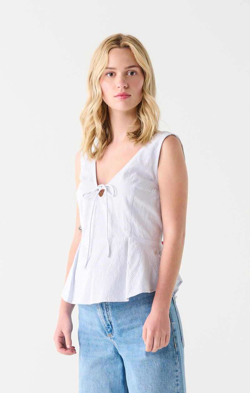 Tie Front Peplum Stripe Tank Cloud + White