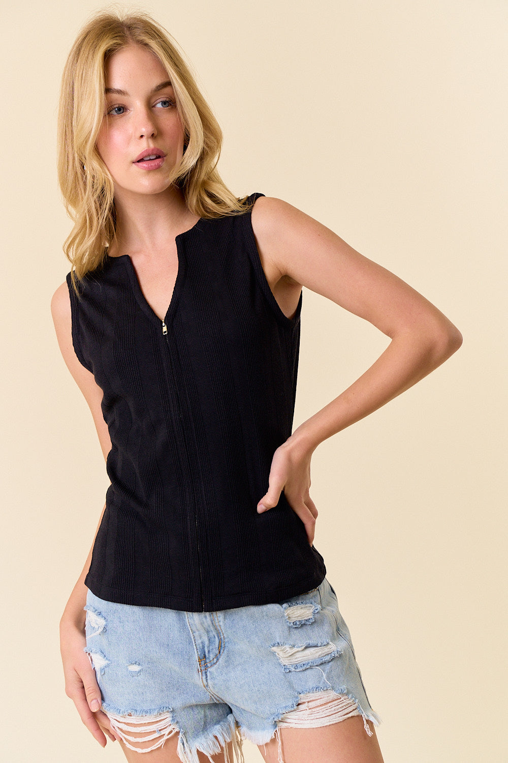 Zip Front Textured Stripes Tank Black