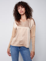 Satin Contrast Knit Top Truffle