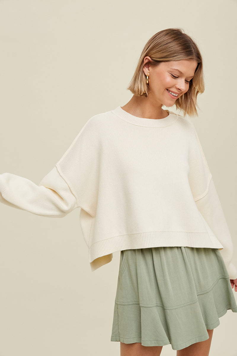 Relaxed Crop Side Slit Sweater Cream