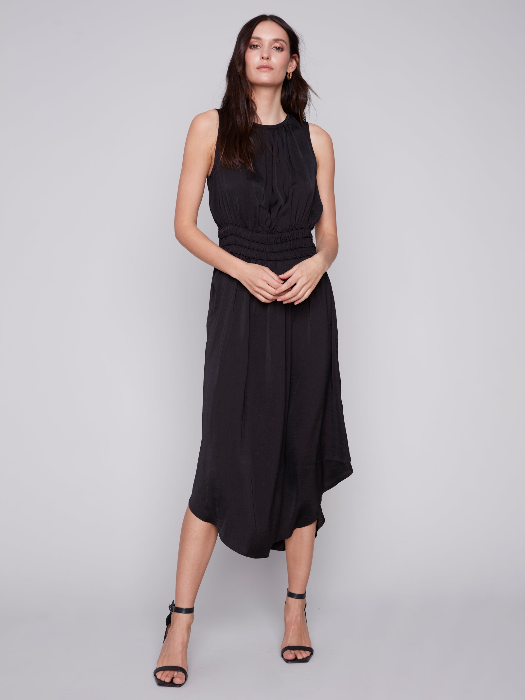 Smocked Waist Solid Sleeveless Dress Black