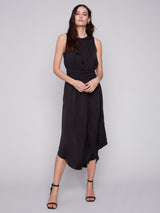 Smocked Waist Solid Sleeveless Dress Black