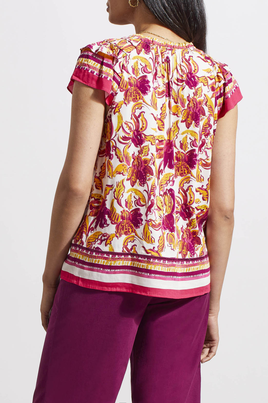 Border Print Tie Neck Frill Blouse Limoncello