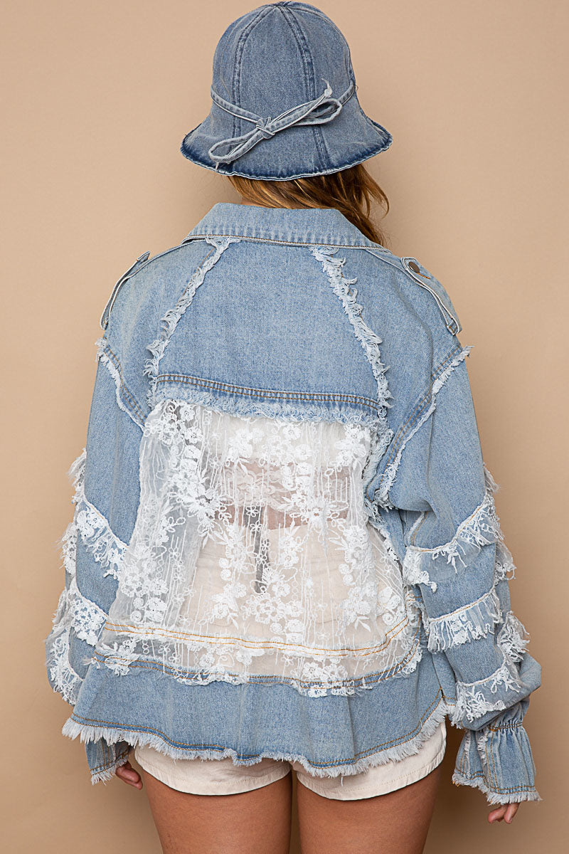 Sheer Lace Paneled Emb. Pocket Denim Jacket Denim