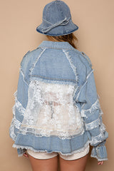 Sheer Lace Paneled Emb. Pocket Denim Jacket Denim