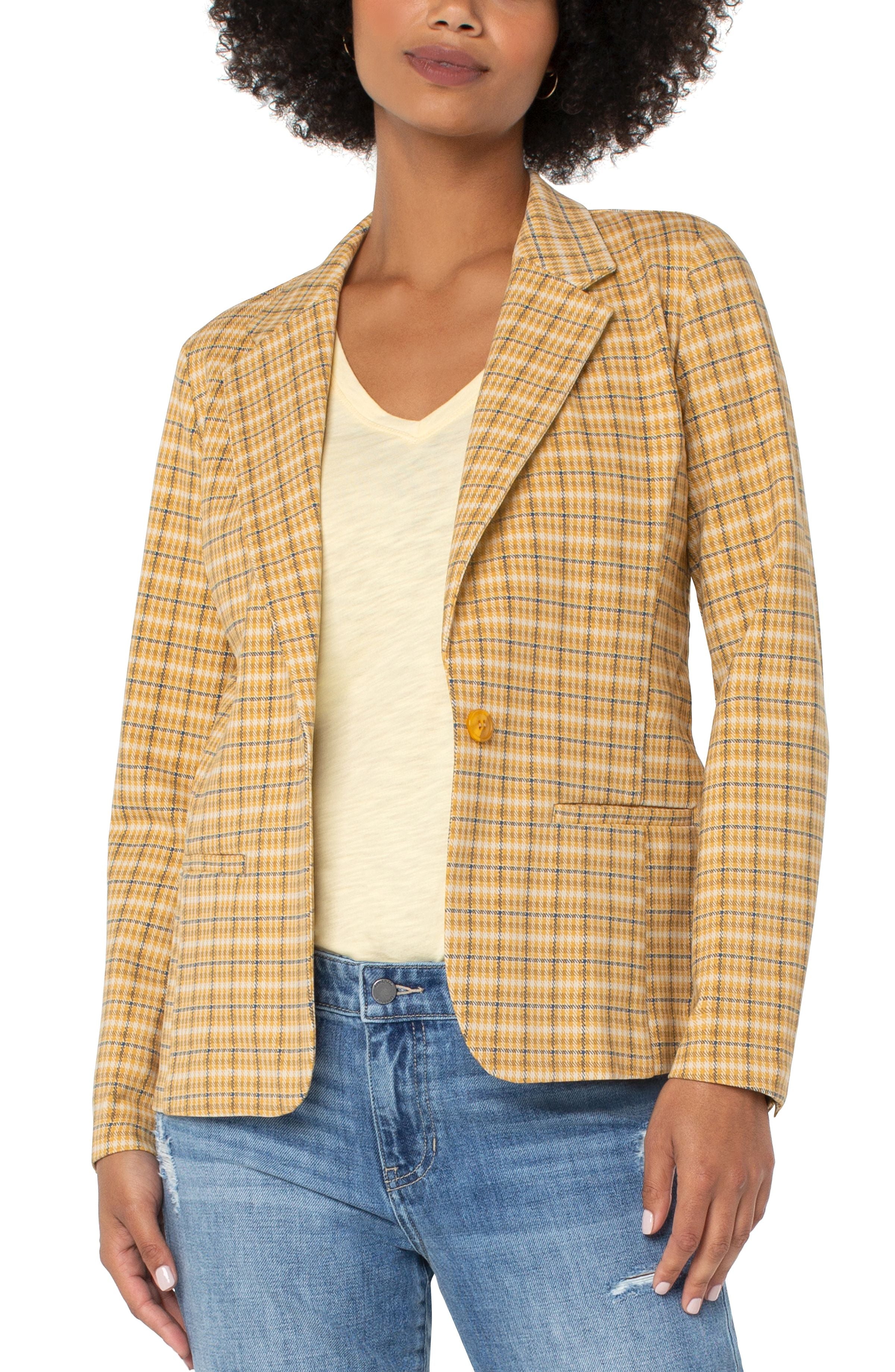 Fitted Notch Collar Printed Blazer Gold + Navy Plaid