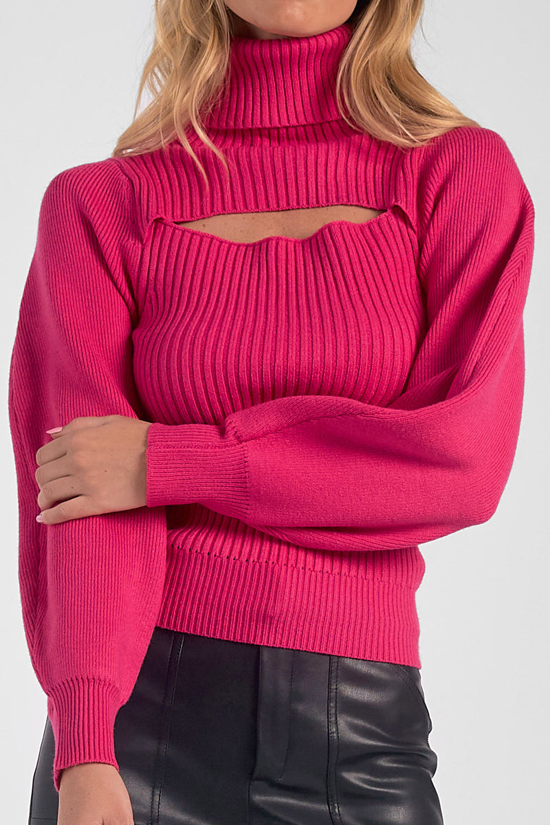 Open Neck Puff Sleeve Sweater Fuchsia