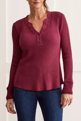 Fray Hem Double Layered Cuff Henley Red Plum