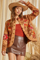 Emb. Suede Military Jacket Camel