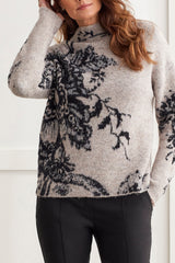 Funnel Neck Floral Print Sweater Oyster