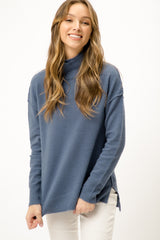 Side Slit Low Back Mock Neck Sweater Denim Blue