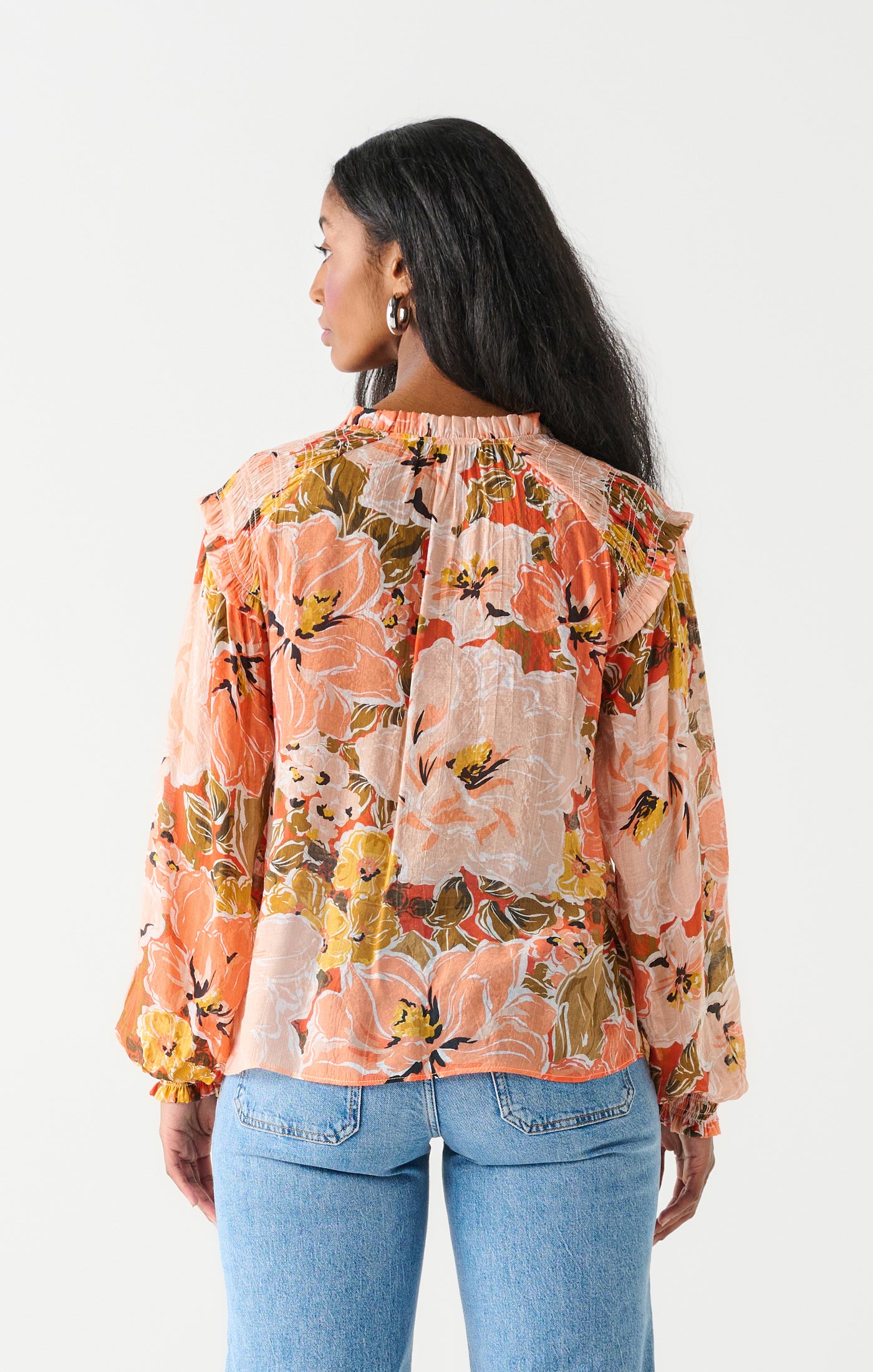 Smocked Ruffle Shoulder Front Tie Blouse Orange + Peach Floral
