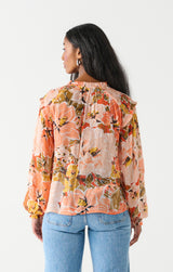 Smocked Ruffle Shoulder Front Tie Blouse Orange + Peach Floral