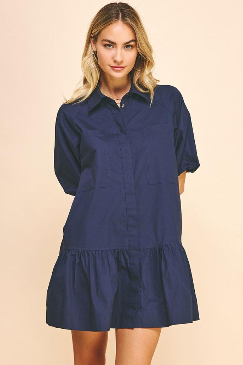 Button Down Ruffle Hem Bubble Sleeve Dress Navy