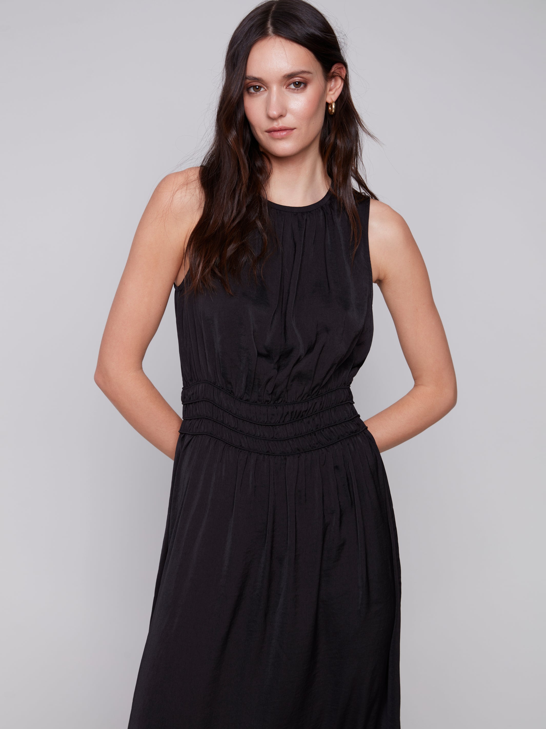 Smocked Waist Solid Sleeveless Dress Black