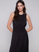 Smocked Waist Solid Sleeveless Dress Black
