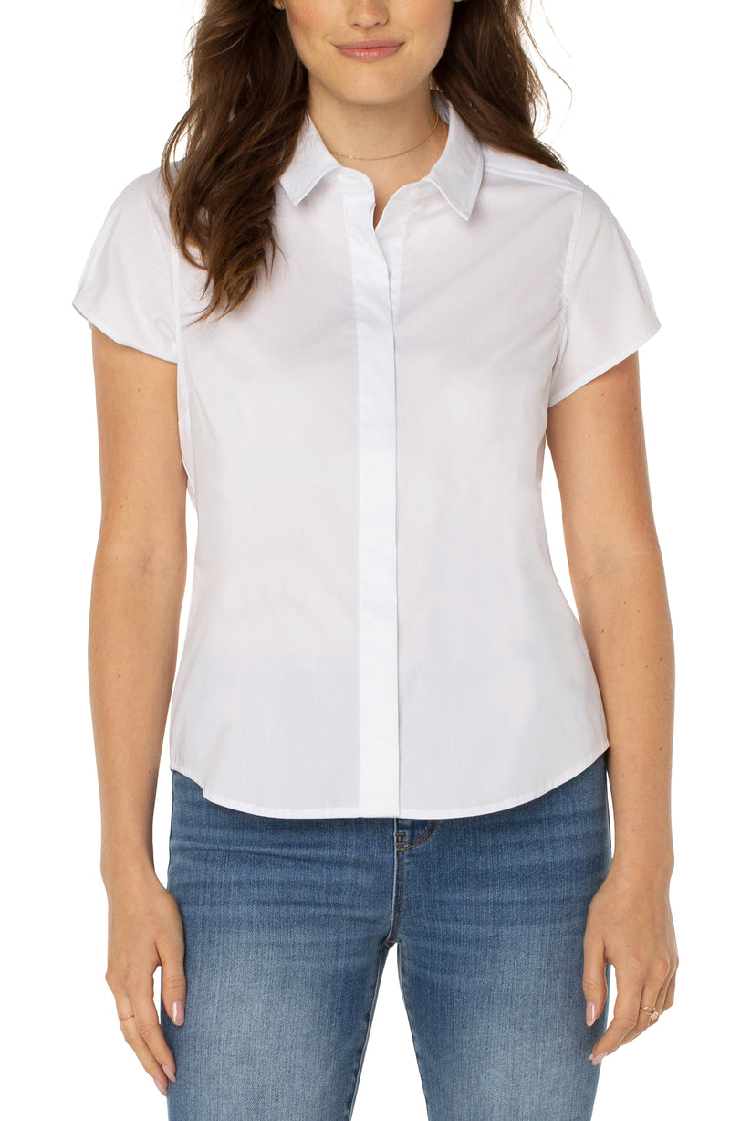 Fitted Cap Sleeve Button Front Shirt White