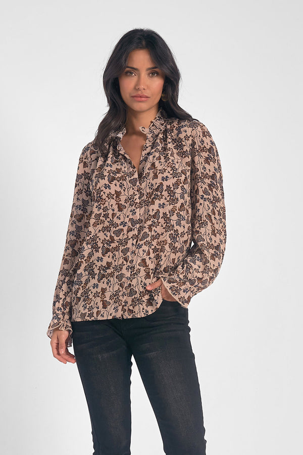 Ruffle Neck Button Down Cinch Sleeve Blouse