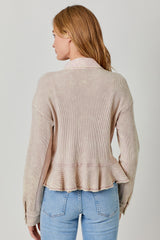 Washed Waffle Knit Ruffle Hem Cropped Jacket Light Rose
