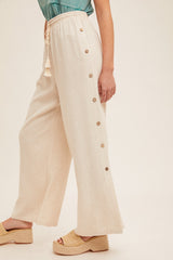 Button Side Detail Wide Leg Pants Oatmeal