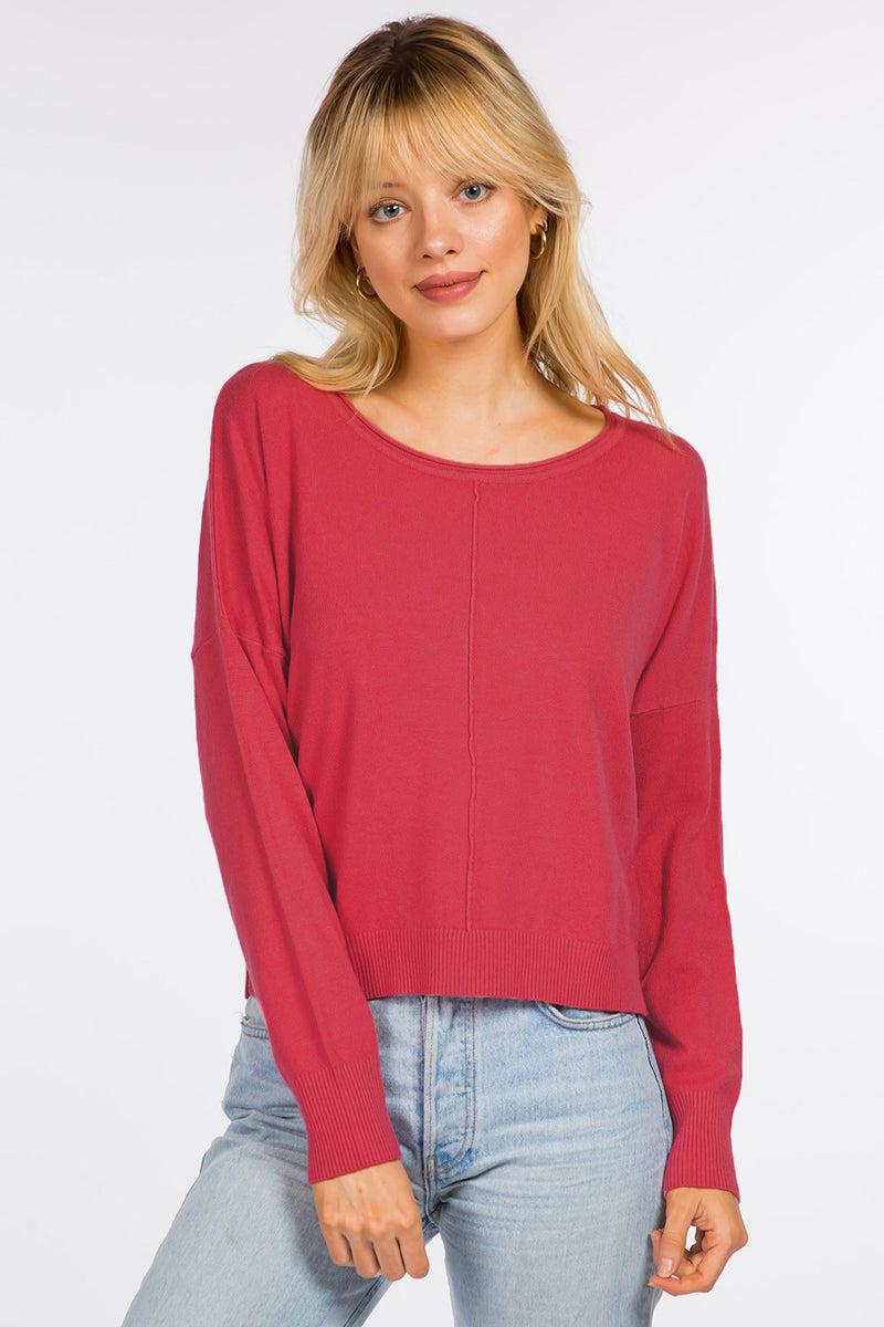 Center Seam Crew Neck Pullover Bright Pink