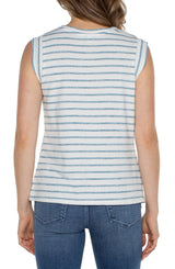Miter Front Scoop Neck Tank White + Ocean Blue Stripe