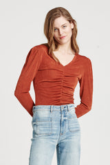 Shay Shirred Front Long Sleeve Top Toffee