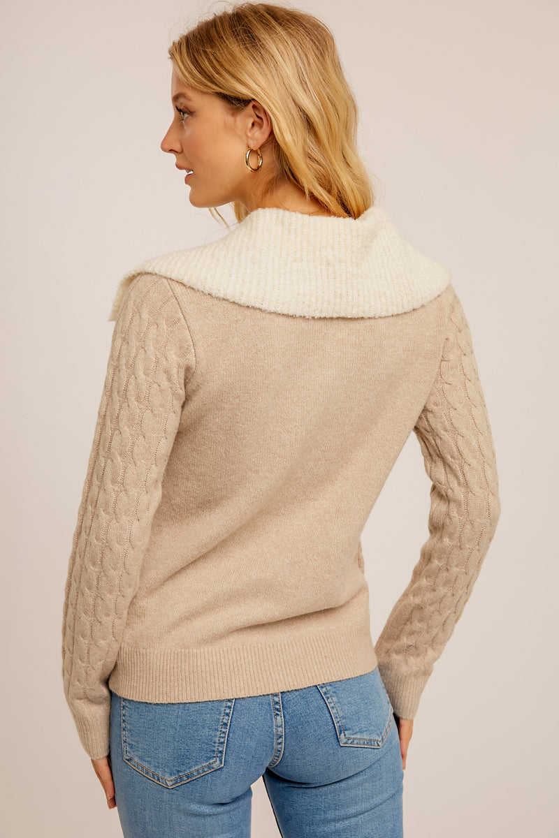 Cable Knit Half Zip Boucle Collared Sweater