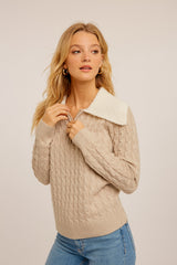 Cable Knit Half Zip Boucle Collared Sweater Beige