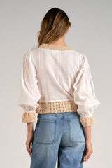 Tied Sweater Crochet Gauze Combo Top White