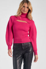 Open Neck Puff Sleeve Sweater Fuchsia