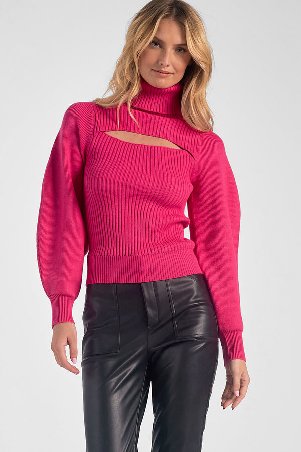 Open Neck Puff Sleeve Sweater Fuchsia