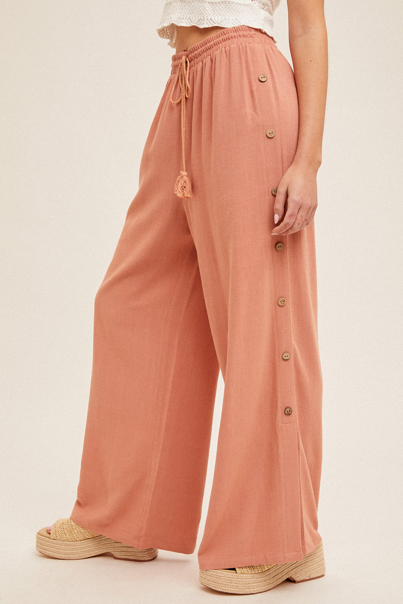 Button Side Detail Wide Leg Pants Dark Peach