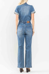 High Waist Straight Leg Denim Short Sleeve Jumpsuit Medium