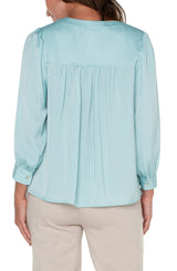 Satin Vneck Ruched Shoulder Blouse Pastel Turquoise