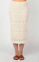Scallop Hem Crochet Elastic Waist Midi Skirt Oatmeal